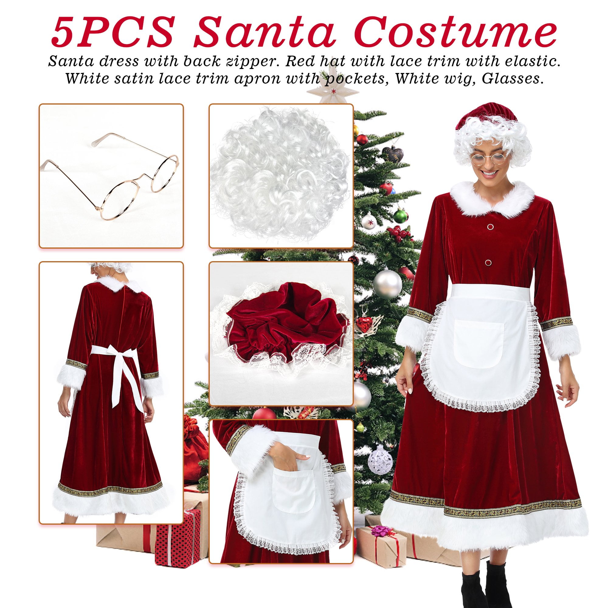 Mrs. Claus Costume for Women Adult Christmas Plus Size Dress with Bonnet Apron White Hair Wigs and Wire Rim Glasses -XL - Walmart.com